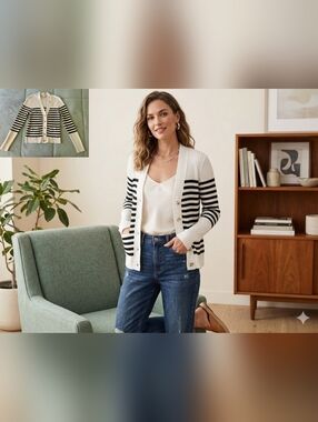 EUC LOFT White and Black Striped V-neck Cardigan With Front Pockets, Size Small